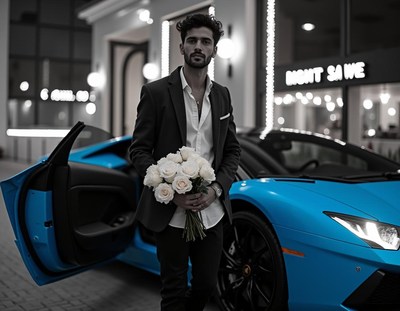 Man holding roses by a luxury car at night