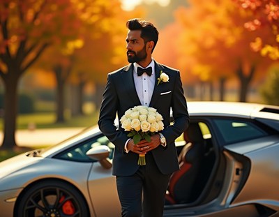 Man in formal attire holds bouquet beside a luxury car