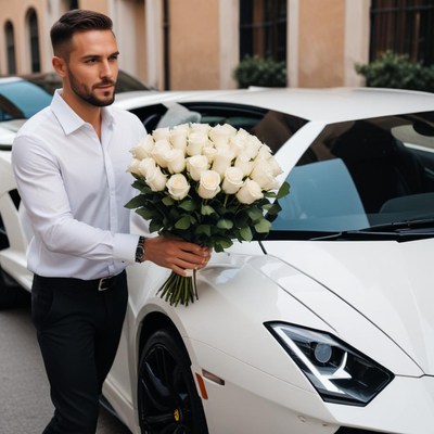 Man delivering roses next to a luxury sports car