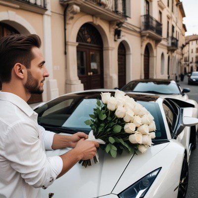 Man giving bouquet of roses near luxury car in city