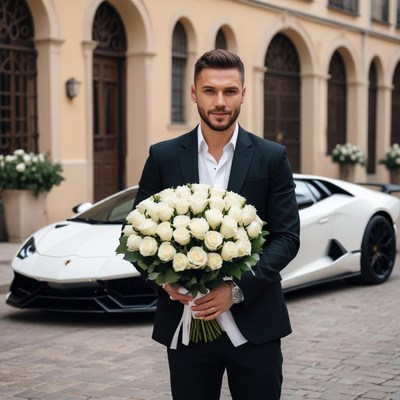 Man presents bouquet of white roses in front of luxury car
