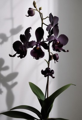Elegant black orchid in soft light against white wall
