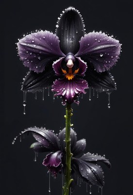 Dark purple orchid with water droplets on petals