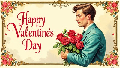 Vintage valentine card with a man holding roses