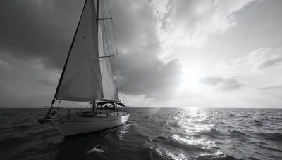 Sailing through calm waters at sunset with cloudy skies