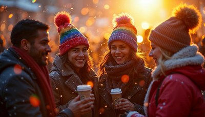 Friends enjoying hot drinks during snowy evening gathering