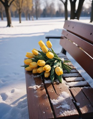 Yellow tulips on a snowy bench in winter park