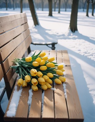 Bright yellow tulips resting on a snowy bench in winter