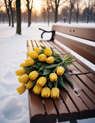 Yellow tulips resting on a snowy park bench at sunset