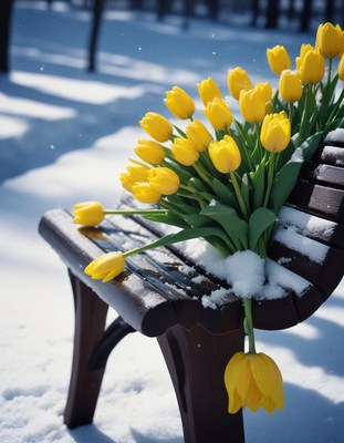 Bright yellow tulips on a snowy wooden bench