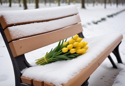 Yellow tulips resting on a snowy park bench in winter