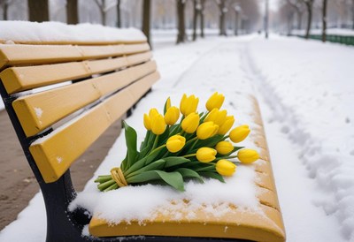 Bright yellow tulips on a snowy park bench in winter