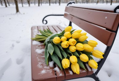 Yellow tulips resting on a snowy park bench
