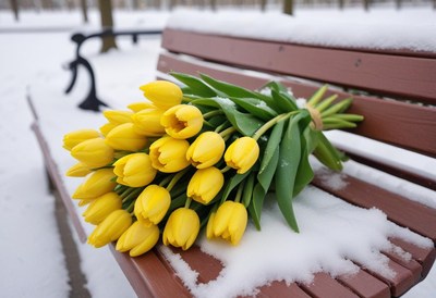 Tulips resting on a snowy park bench in winter