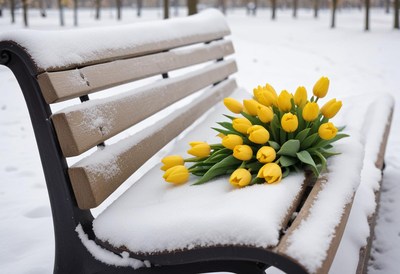 Bright yellow tulips on a snow-covered bench in winter