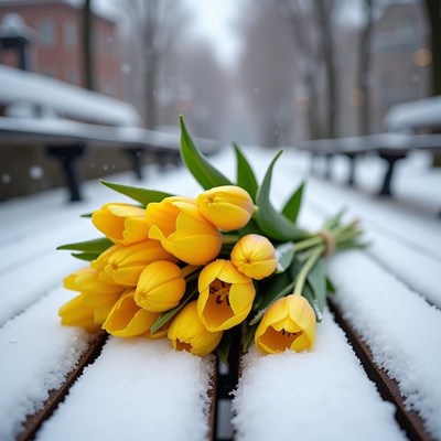 Yellow tulips resting on snowy park bench during winter