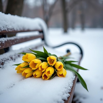 Yellow tulips resting on a snowy park bench