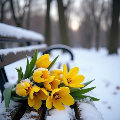 Flowers in the snow on a cold winter afternoon