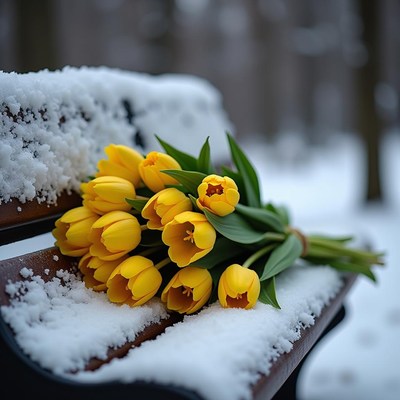 Yellow tulips resting on a snow-covered bench in winter