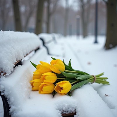 Yellow tulips resting on a snowy bench in winter