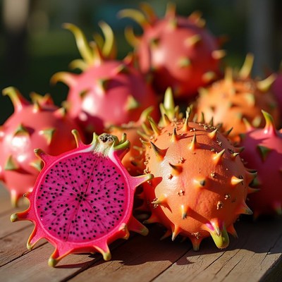 Unique tropical fruits displayed on a wooden table