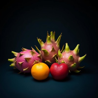 Colorful fruits arranged on a dark surface for display