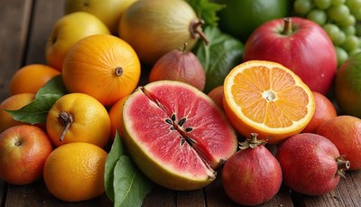 Fresh assortment of colorful fruits on a wooden table