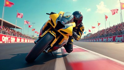 Motorcyclist racing on track with flags waving in background