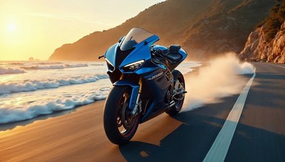 Motorbike rides along the coastline during sunset