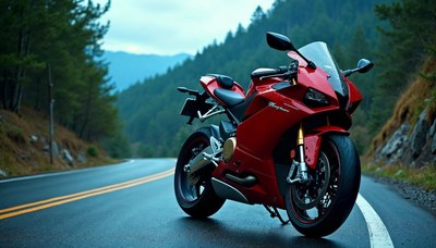Motorcycle parked on a winding road through mountains