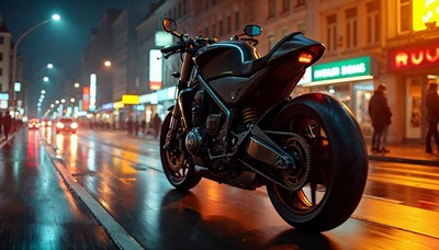 Nighttime motorcycle parked on a city street