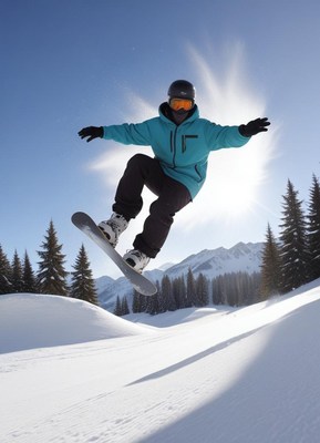Snowboarder performs a jump in bright winter landscape