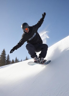Snowboarder performs a trick on a snowy slope in winter