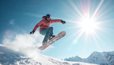 Snowboarder performs a jump under a bright sun