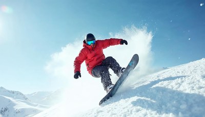 Snowboarder carving through fresh powder on a mountain