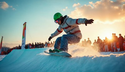 Snowboarder performs tricks at competition during sunset