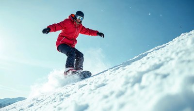 Snowboarder descends snowy slope on bright day