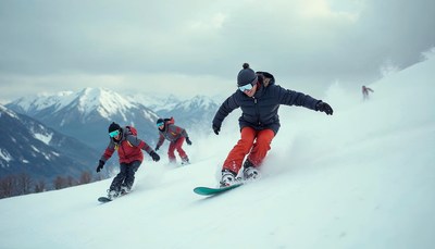 Snowboarders carving through fresh powder on a mountain