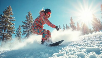 Snowboarder carving through fresh powder in bright sunlight