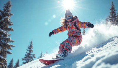 Colorful snowboarder gliding down snowy mountain slope