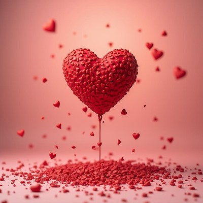 Heart made of tiny red hearts surrounded by floating shapes