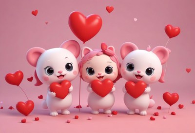 Cute characters holding hearts for a cheerful celebration