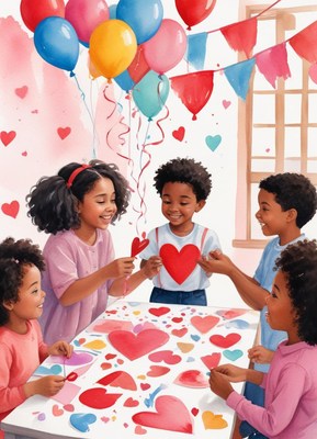 Kids enjoying a heart-themed craft party indoors