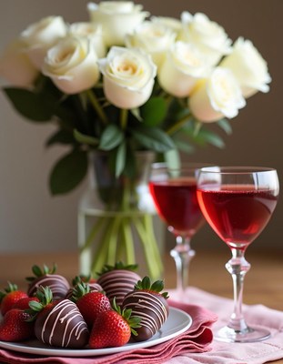 Romantic night with roses and chocolate strawberries