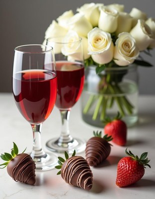 Romantic setup with drinks, strawberries, and roses