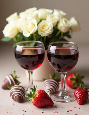 Wine and chocolate strawberries for a romantic night