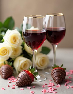 Red wine and chocolate strawberries with white roses