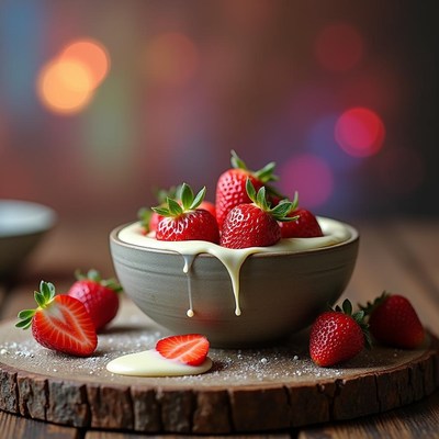 Fresh strawberries with creamy dip on wooden table