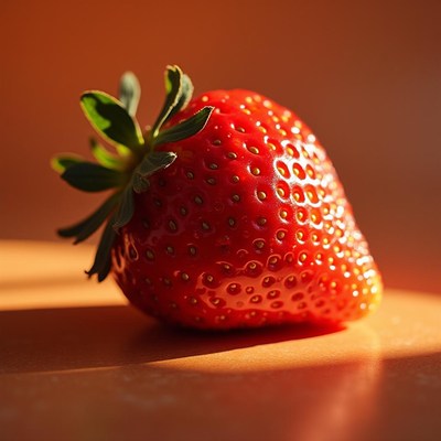 Fresh strawberry illuminated by warm light on wooden table