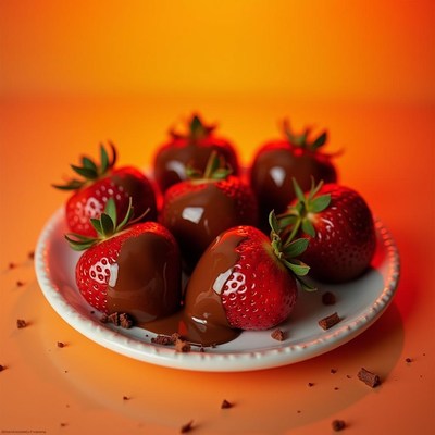Chocolate dipped strawberries on an orange plate